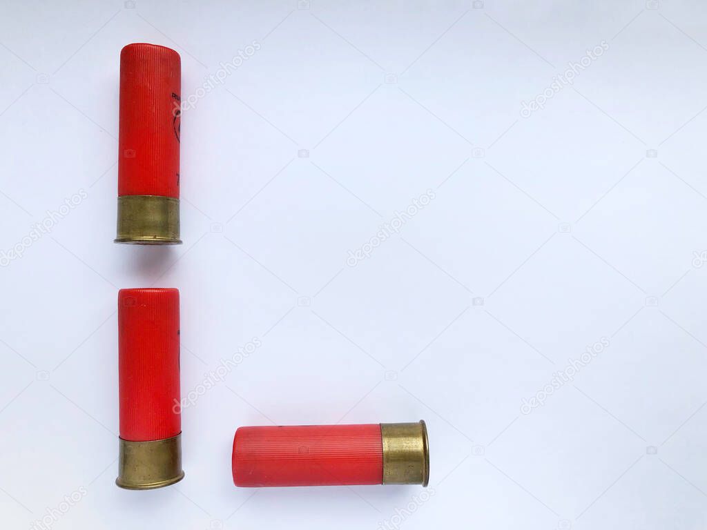 Several hunting cartridges and scattered pellets of cartridges isolated on a white background.