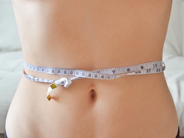 Close Female Belly Measuring Tape — Stock Photo, Image