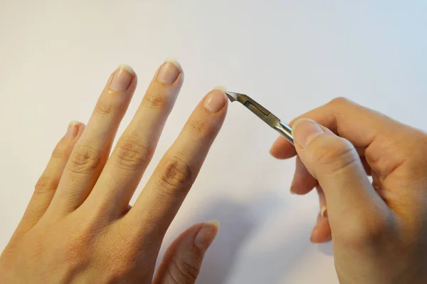 Hand Manicure Nail Clipper Close White Background Spa Home — Stock Photo, Image