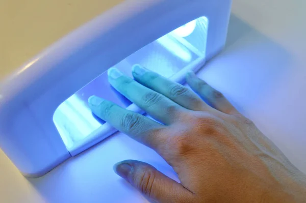 Manicure Process Led Lamp Blue Light Close White Background — Stock Photo, Image