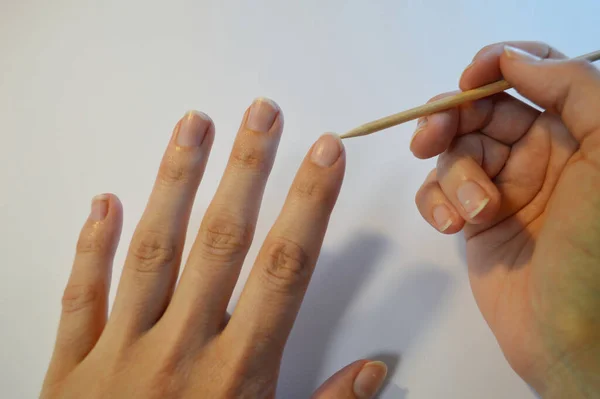 Hand Manicure Nail Sticks Close White Background Spa Home — Stock Photo, Image