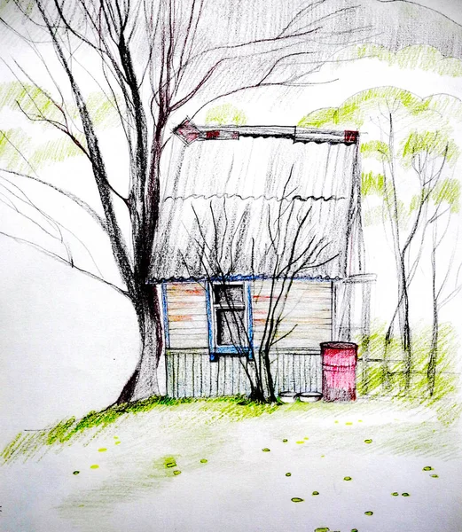 Кольоровий Ескіз Олівця Маленький Будинок — стокове фото