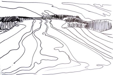 El kalemi Tepeleri ve gökyüzünü çiziyor