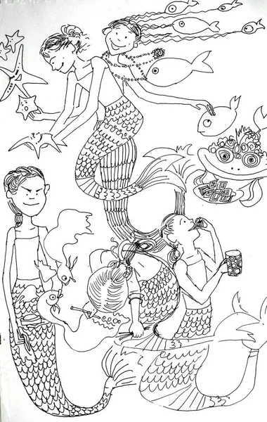 Fantasy little Mermaids -pen drawing