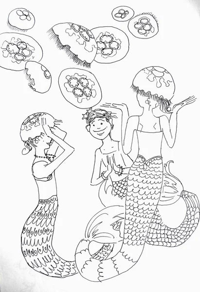 Federzeichnung Kleine Meerjungfrauen — Stockfoto