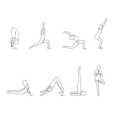 Beyaz arka planda izole edilmiş çeşitli yoga poz eğitiminin bir satırı ile vektör illüstrasyonu