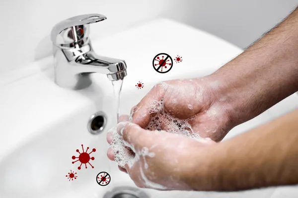 Una Persona Lava Mani Con Sapone Schiuma Covid Con Icone — Foto Stock