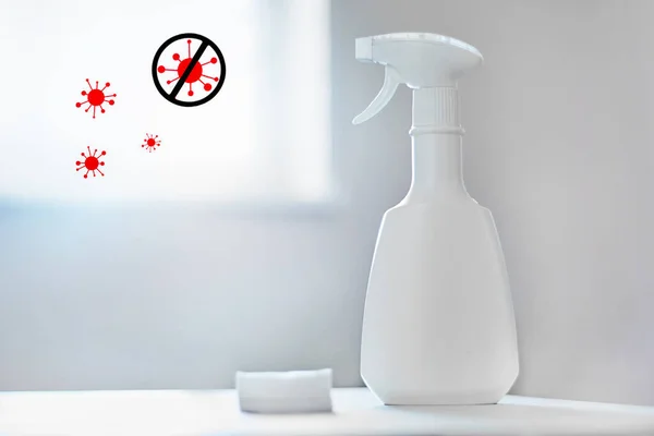 White Spray Bottle Detergents Disinfectants Cotton Pads Table Window Background — Stock Photo, Image