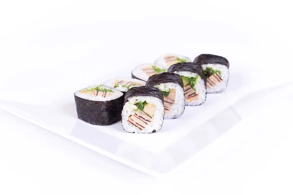 Placa de sushi no fundo branco — Fotografia de Stock