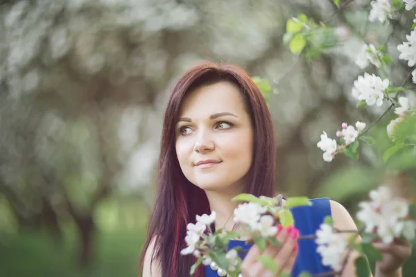 Beautiful young brunette woman standing near the blossoming apple tree on a warm spring day — Stock Photo, Image