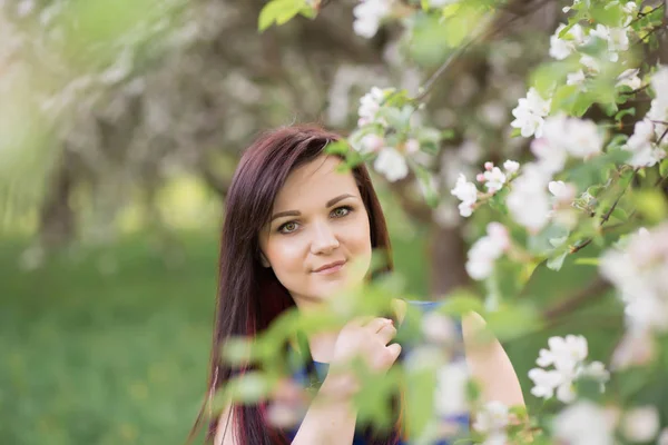 Schöne junge brünette Frau, die an einem warmen Frühlingstag neben dem blühenden Apfelbaum steht — Stockfoto