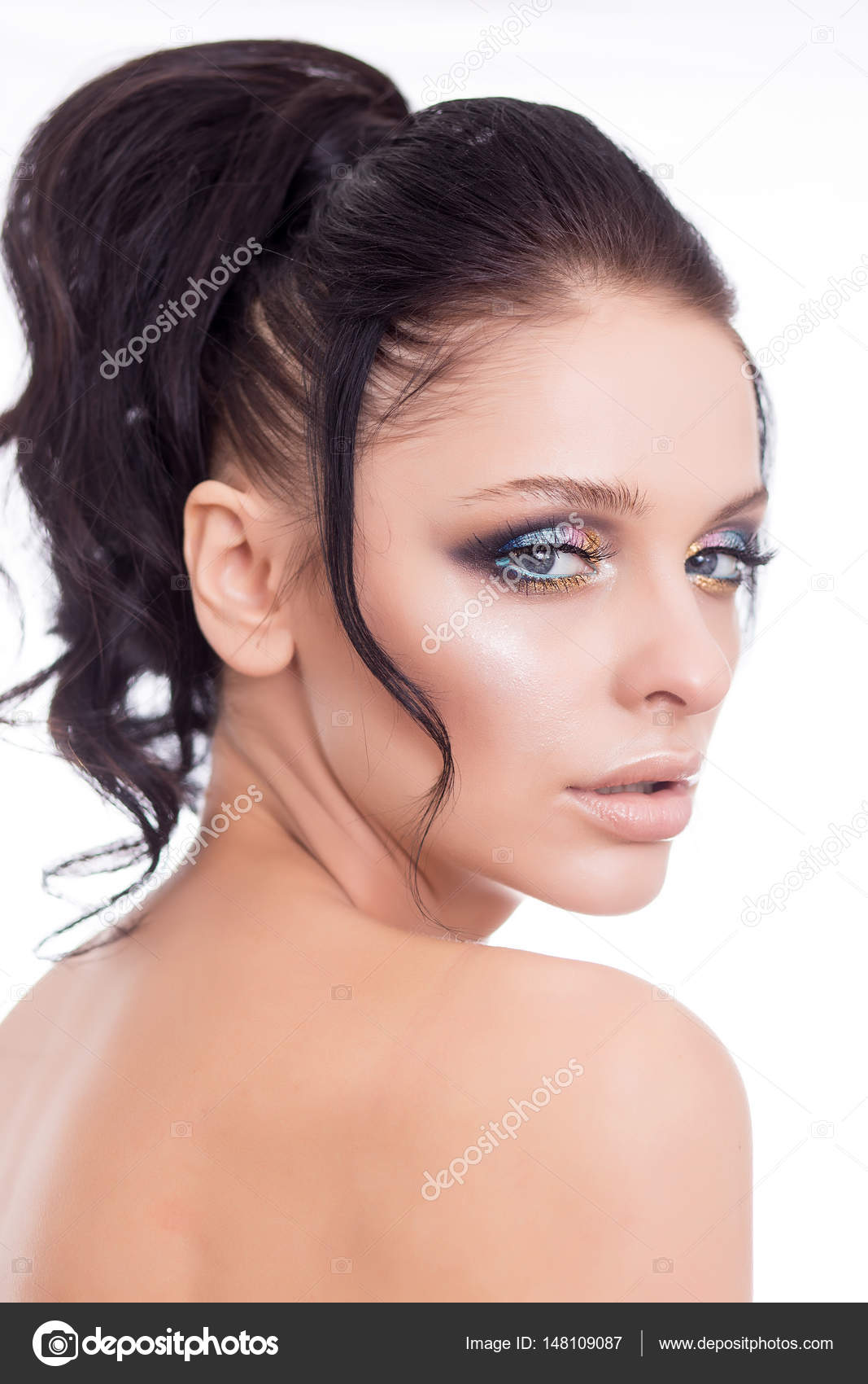 Colorful makeup woman face, beautiful summer makeup, beauty fashion girl model with