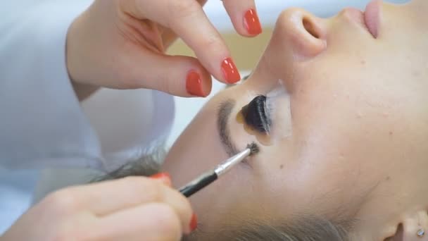 Hermosa mujer joven con extensión de pestañas. Tinción y laminación de las pestañas. Ojo de mujer con pestañas largas. Extensión de pestañas esteticista para mujer joven en un salón de belleza — Vídeo de stock