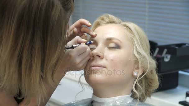 Makeup artist makes a girl beautiful makeup before an important event — Stock Video