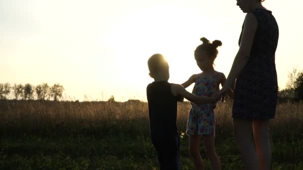 Madre juega con el hijo y la hija en el campo al atardecer. Lento mo — Vídeos de Stock