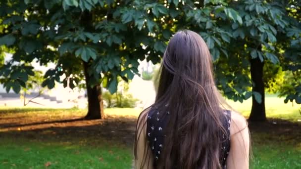 Hermosa joven feliz caminando en el parque y dando la vuelta con una sonrisa. Parece feliz. Dispara en cámara lenta. Caminando con chica morena — Vídeos de Stock