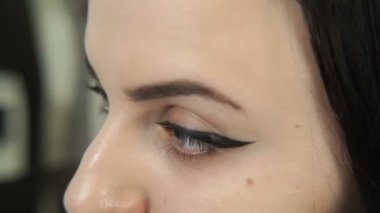 genç güzel uzun tüylü brunet kadın aynaya makyaj sonra mutlu, gülümseyerek bakar