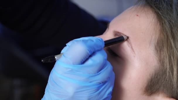 Gros plan. Spécialiste professionnel du maquillage permanent en appliquant un eye-liner de sourcil avant l'intervention. Concept beauté, maquillage et mode — Video