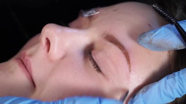 Esteticista, especialista en maquillaje permanente está aplicando anestésico local antes del procedimiento de maquillaje permanente de las cejas. primer plano . — Vídeos de Stock