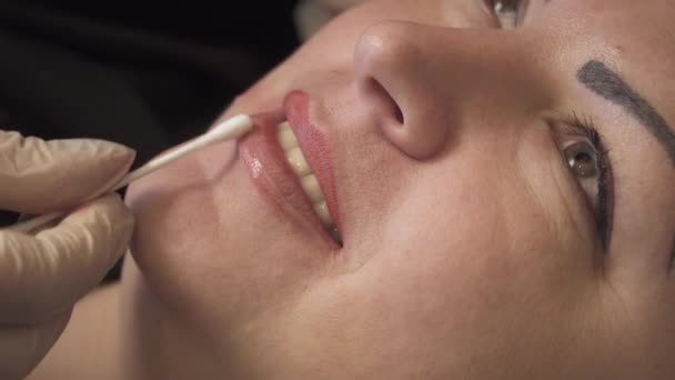 Kosmetolog, specialist på permanent make-up tillämpar lokalbedövning innan förfarandet läppar permanent makeup. närbild. — Stockvideo