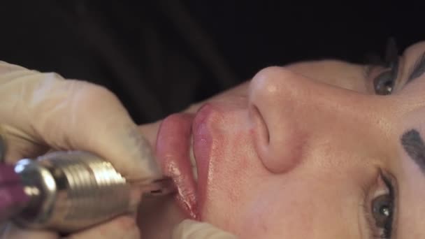 Esteticista, especialista em maquiagem permanente fazendo lábios maquiagem permanente — Vídeo de Stock