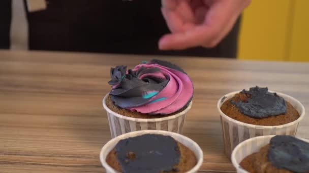 Tasse-Kuchen mit Sahne verzieren. kulinarische Meisterklasse Design Cupcakes, Sahne-Cupcakes aus dem Gebäckbeutel. mit Kochtasche, Konditor macht bunte Cupcakes für Geburtstagsparty. — Stockvideo