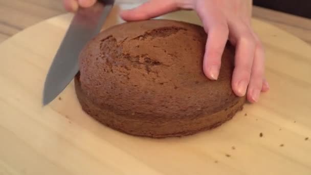 Femme coupant à la main éponge-gâteau. Couper un gâteau de mariage éponge . — Video