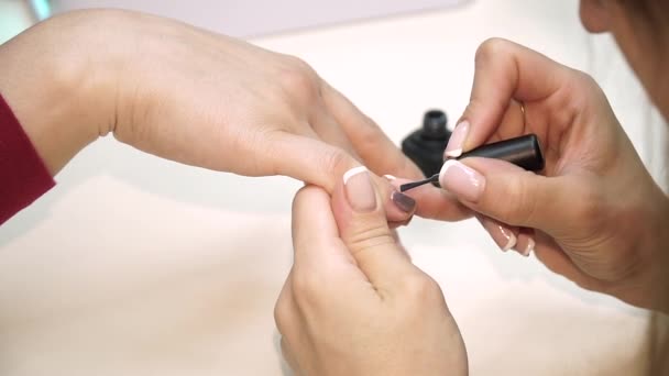 Mujer bonita en el procedimiento de pinturas de las uñas. Decoración de esmalte en la uña. Esmalte de decoración en la uña con cepillo profesional — Vídeo de stock