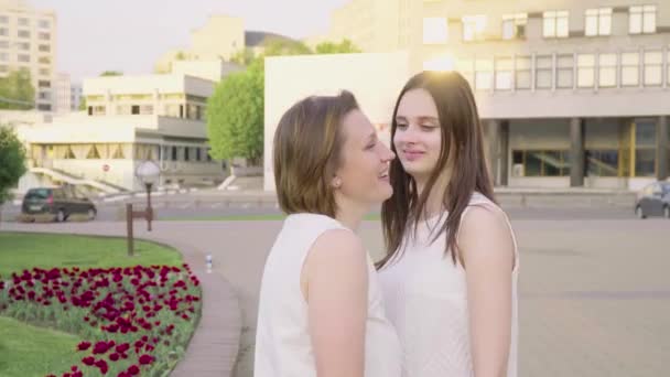 Mother and adult daughter laughing and chatting in the park on a sunny day. Attractive Brunette is Hugging Her Mom with Love and Tenderness — Stock Video