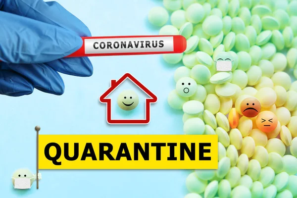 Quarantine and isolation. Yellow Flag - stay at home, solidarity. Covid-19 coronavirus test for viral infection in a hand in a blue glove. Treatment 2019-nCoV.