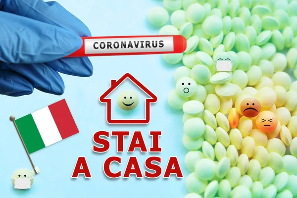 Stay Home Quarantine Isolation Italian Flag Cute Emoji Solidarity Covid — Stock Photo, Image