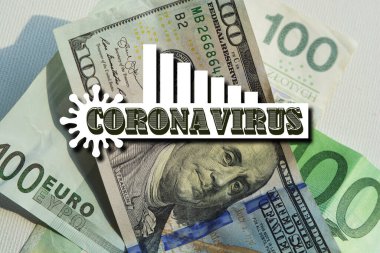 Coronavirus finansal darbeyi karşılıyor. Düş, düş. Fare değişimi. 100 dolar, Euro, PLN.