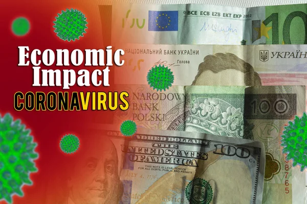 Coronavirus - economic impact. Euro money, American dollars, zloty, hryvnia and coronavirus. The risk of economic stability. The budget of European countries during the 2019-nCoV pandemic.