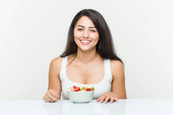 Young Hispanic Woman Eating Fruit Bowl Happy Smiling Cheerful — ストック写真