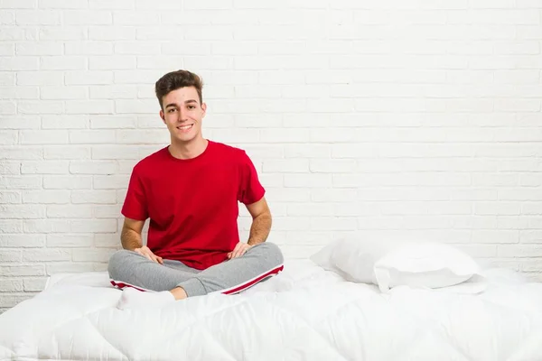 Young Teenager Student Man Bed Happy Smiling Cheerful — ストック写真