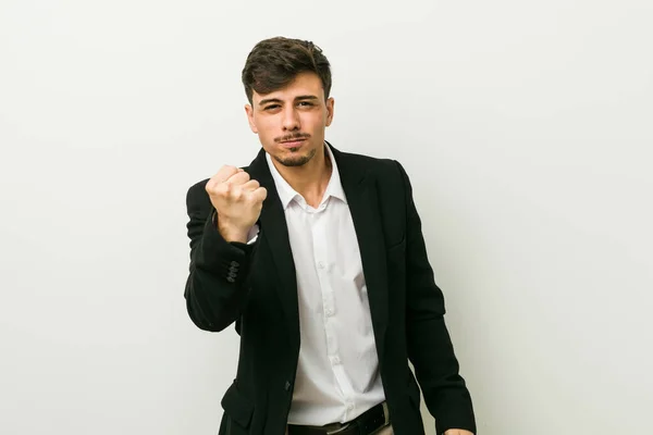 Young Business Hispanic Man Showing Fist Camera Aggressive Facial Expression — Stok fotoğraf