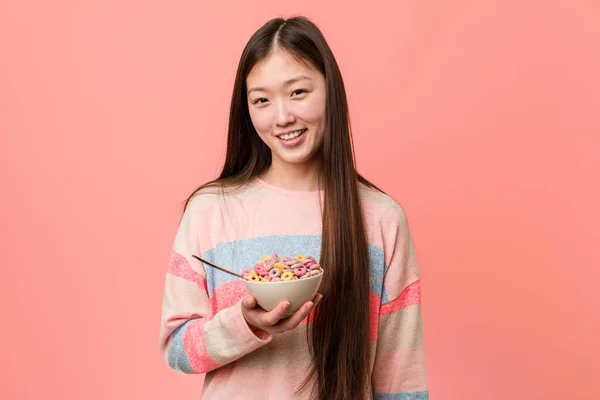 Young Asian Woman Cereal Bowl Smiling Confident Crossed Arms — Stockfoto