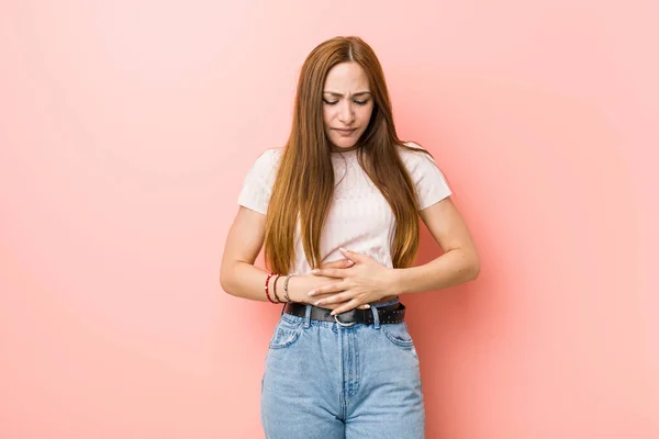 Young Redhead Ginger Woman Pink Wall Sick Suffering Stomachache Painful — Stock Photo, Image