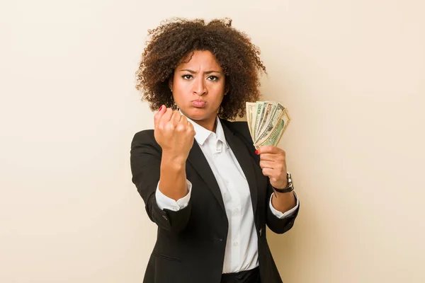 Young African American Woman Holding Dollars Showing Fist Camera Aggressive — Stock Photo, Image
