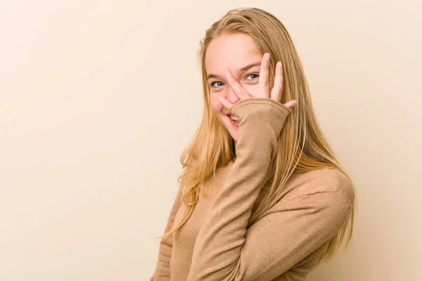 Cute Natural Teenager Woman Blink Fingers Frightened Nervous — Stock Photo, Image