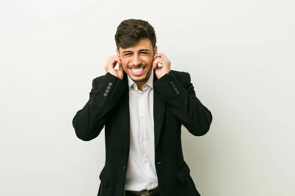 Young Business Hispanic Man Covering Ears Hands — Stock Photo, Image