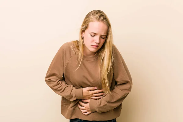 Schattige Natuurlijke Tiener Vrouw Ziek Lijden Aan Buikpijn Pijnlijke Ziekte — Stockfoto