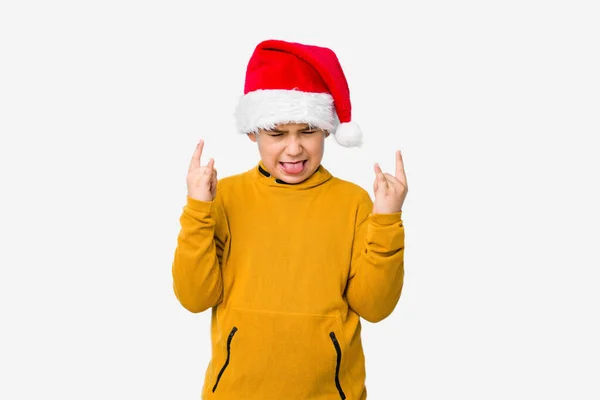 Little Boy Celebrating Christmas Day Wearing Santa Hat Isolated Showing — ストック写真