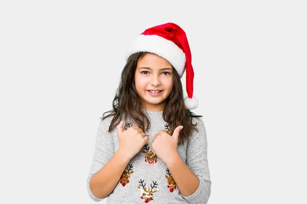 Little Girl Celebrating Christmas Day Raising Both Thumbs Smiling Confident — Stock Photo, Image