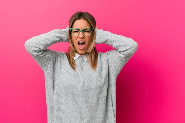 Young Authentic Charismatic Real People Woman Wall Covering Ears Hands — ストック写真