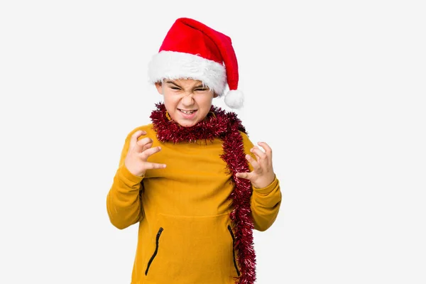 Kleine Jongen Viert Kerst Dag Het Dragen Van Een Kerstman — Stockfoto