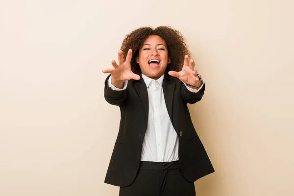 Young Business African American Woman Feels Confident Giving Hug Camera — Stock Photo, Image