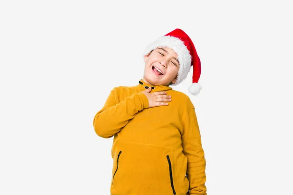 Little Boy Celebrating Christmas Day Wearing Santa Hat Isolated Laughs — Stock Photo, Image