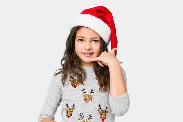 Little Girl Celebrating Christmas Day Showing Mobile Phone Call Gesture — Stock Photo, Image