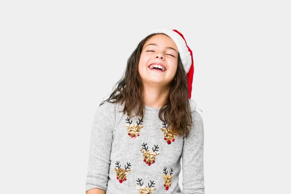 Little Girl Celebrating Christmas Day Relaxed Happy Laughing Neck Stretched — Stock Photo, Image